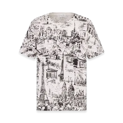 Dior Women's T-Shirt Paris Allover Motif Cotton Linen Jersey "White/Black"