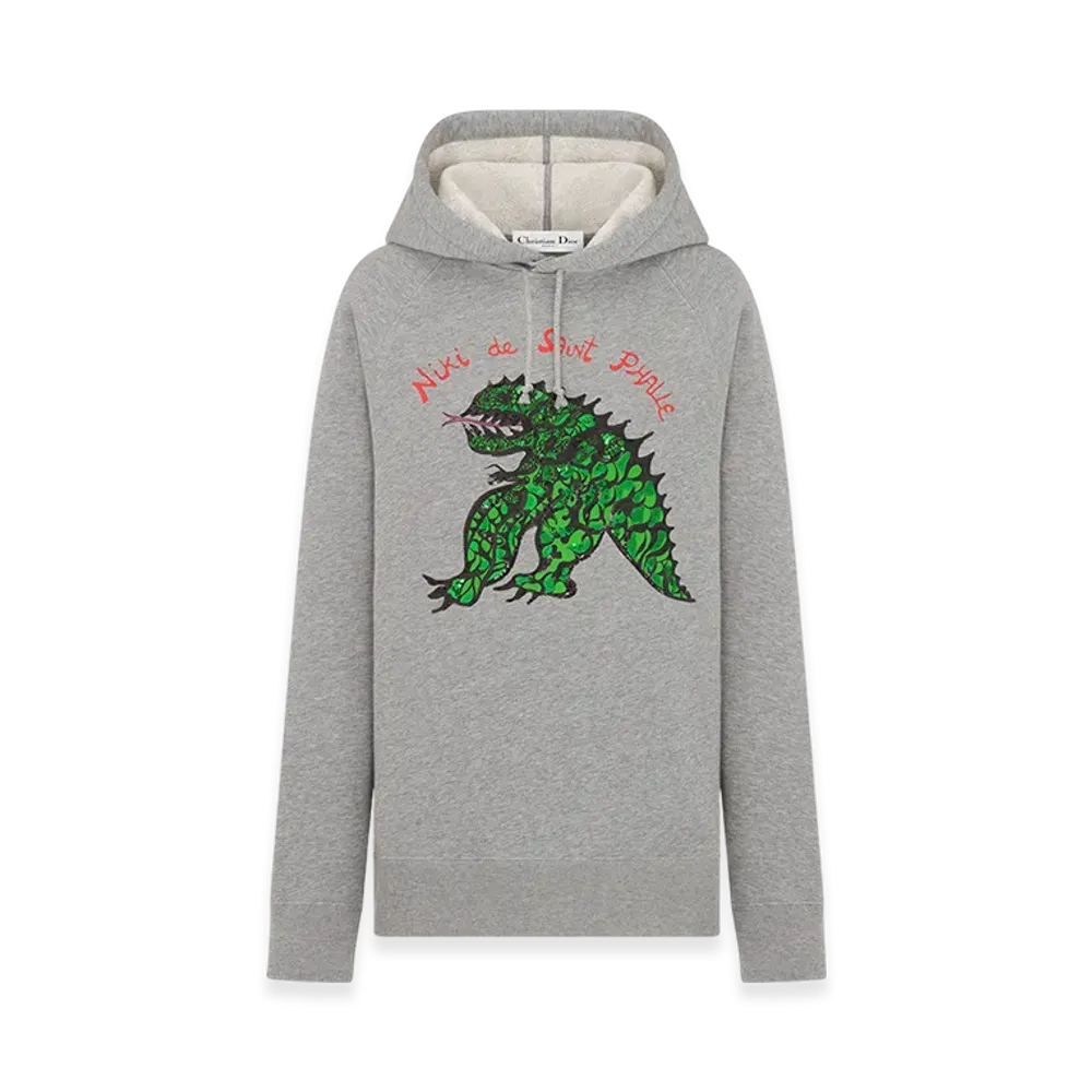 Dior Women's Embroidered Hooded Sweatshirt Jersey Dragon Motif "Gray/Green"