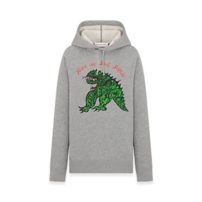 Dior Women's Embroidered Hooded Sweatshirt Jersey Dragon Motif "Gray/Green"