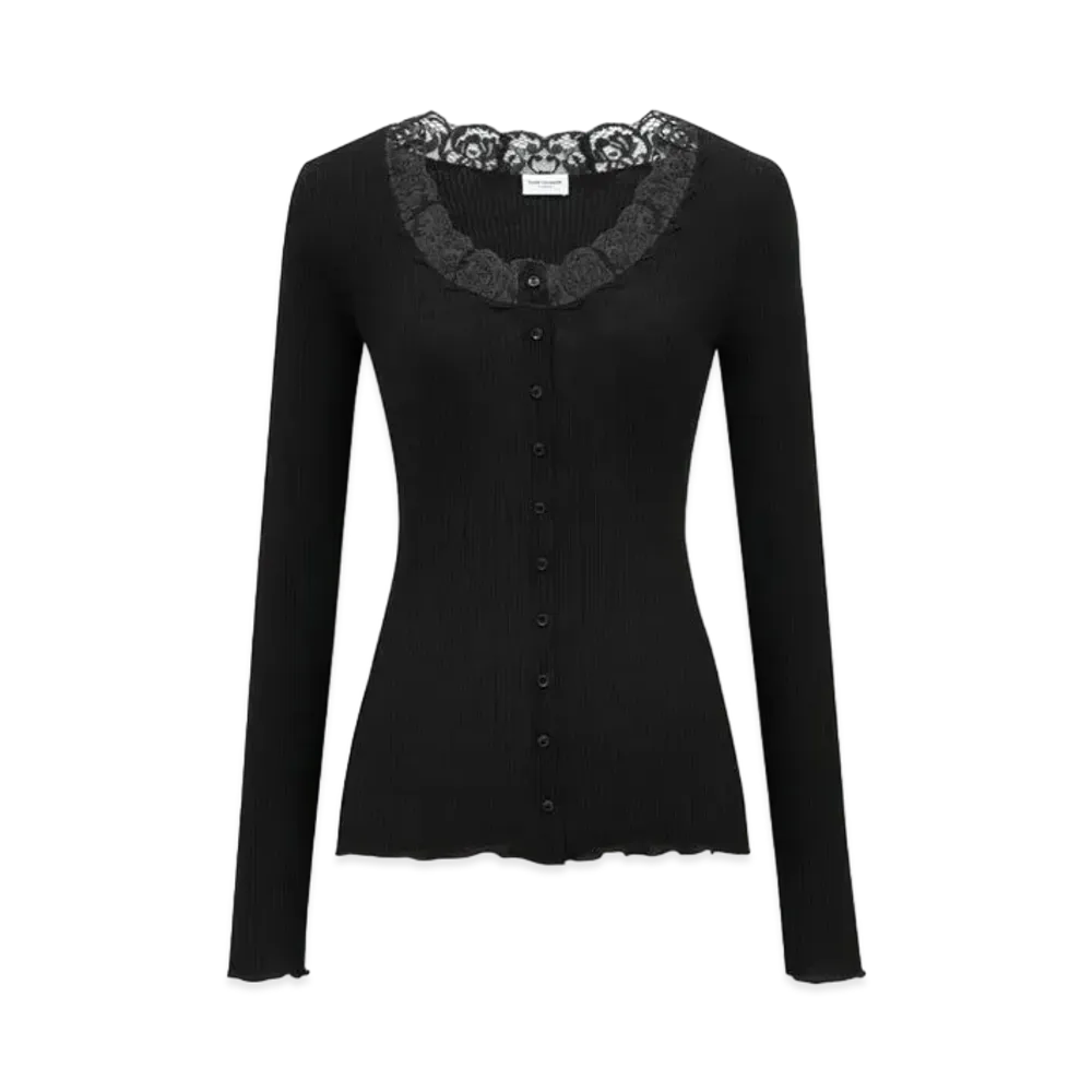 Saint Laurent Women's Laced Cardigan in Ribbed Wool and Silk "Black"