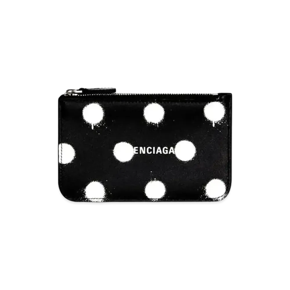BALENCIAGA Cash Large Long Coin And Card Holder In Sprayed Polka Dots Printed Smooth Calfskin "Black"