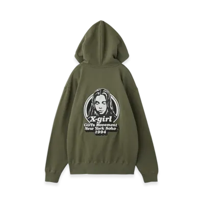 X-Girl Message And Face Zip Up Sweat Hoodie "Olive"