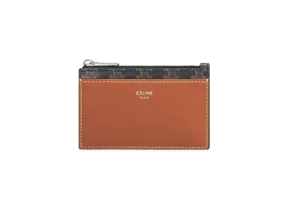 CELINE Zipped Card Holder In Triomphe Canvas and Lambskin "Tan"