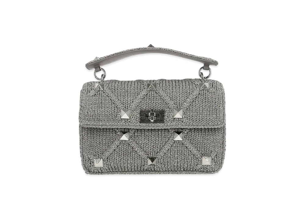 ヴァレンティノ ローマンスタッズ ルレックスファブリック ラージ チェーンショルダーバッグ "シルバー" XW2B0I60WABT79