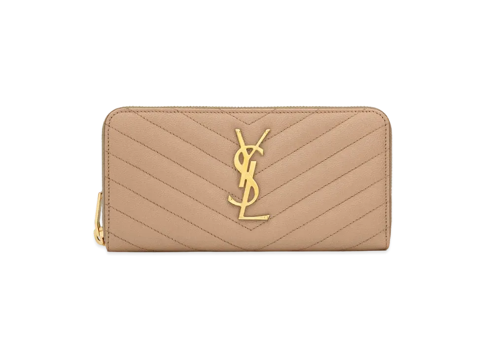 SAINT LAURENT Monogram Zip Around Wallet In Grain De Poudre Embossed Leather "Dark Beige"