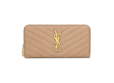 SAINT LAURENT Monogram Zip Around Wallet In Grain De Poudre Embossed Leather "Dark Beige"