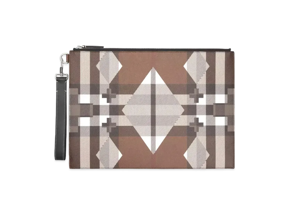 Burberry Large Geometric Check & Leather Zip Pouch "Dark Barch Brown"
