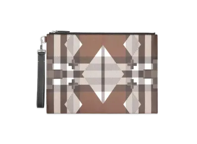 Burberry Large Geometric Check & Leather Zip Pouch "Dark Barch Brown"
