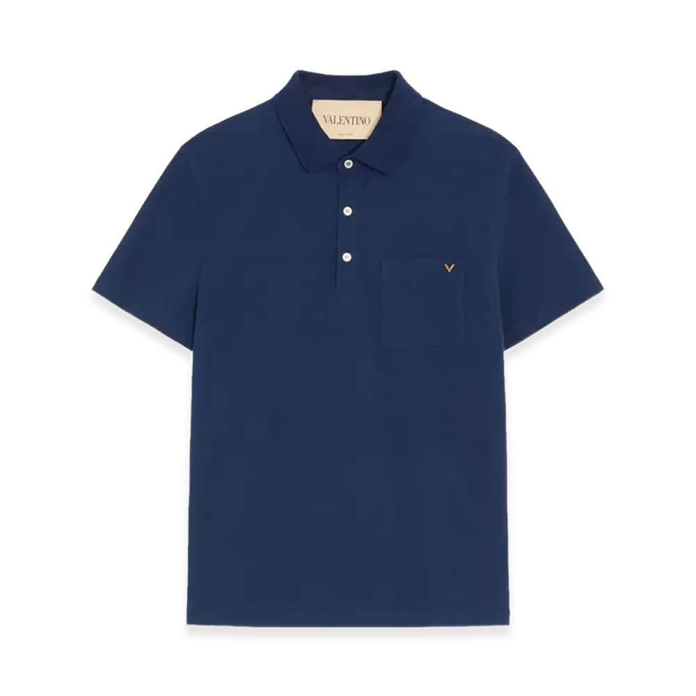 Valentino Polo Shirt In Cotton Pique With V Gold "Indaco"