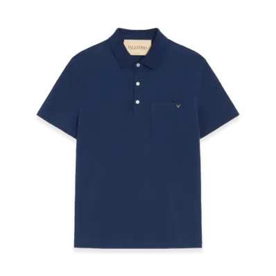 Valentino Polo Shirt In Cotton Pique With V Gold "Indaco"