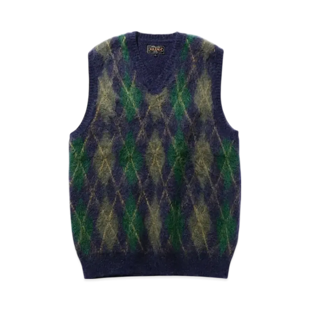 BEAMS Argyle Vest Mohair "Navy"