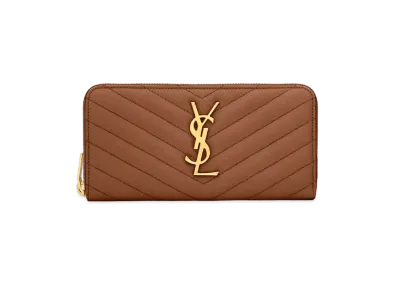 SAINT LAURENT Monogram Zip Around Wallet In Grain De Poudre Embossed Leather "Dark Natural"