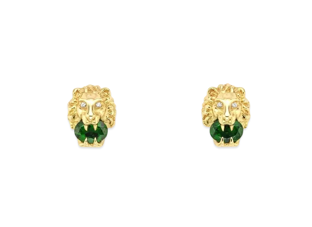 GUCCI Yellow Gold Lion Head Earrings "Green"
