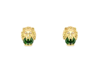 GUCCI Yellow Gold Lion Head Earrings "Green"