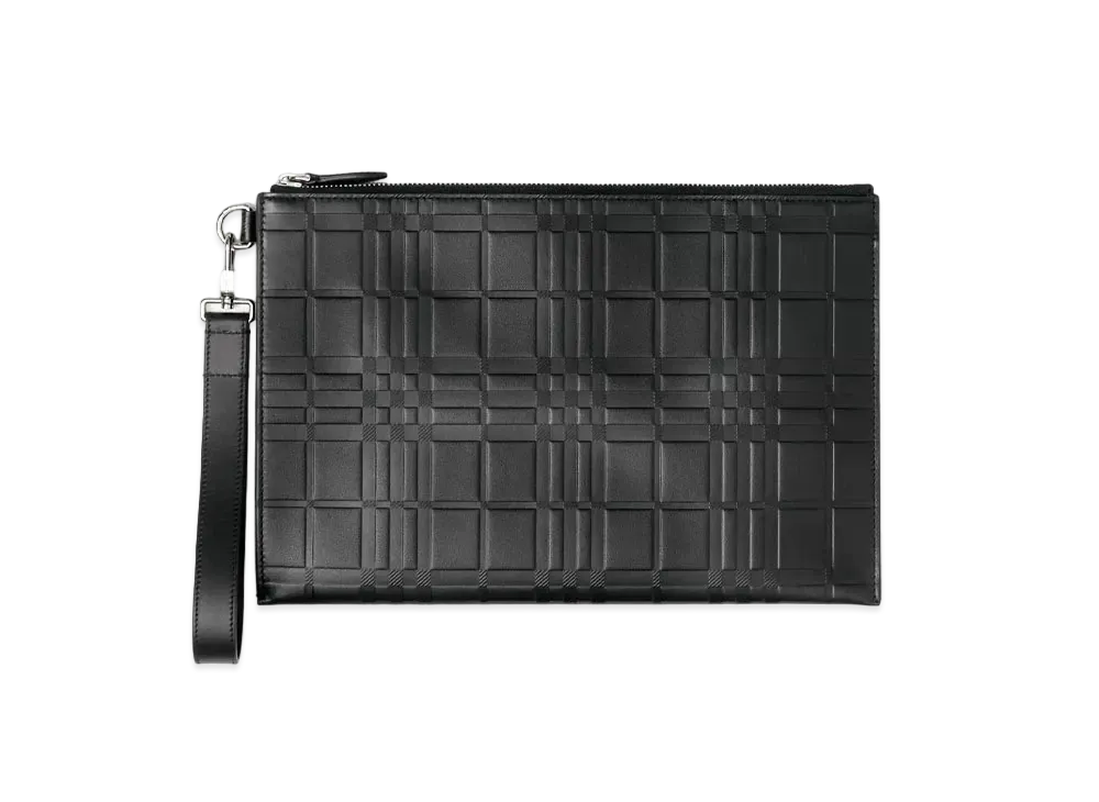 Burberry Large Embossed Check Leather Zip Pouch "Black"