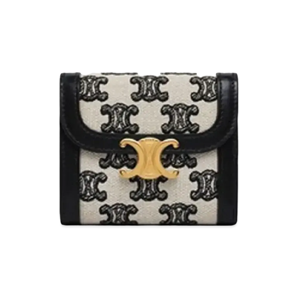 CELINE Small Triomphe Wallet in Textile with Triomphe Embroidery  "Black"