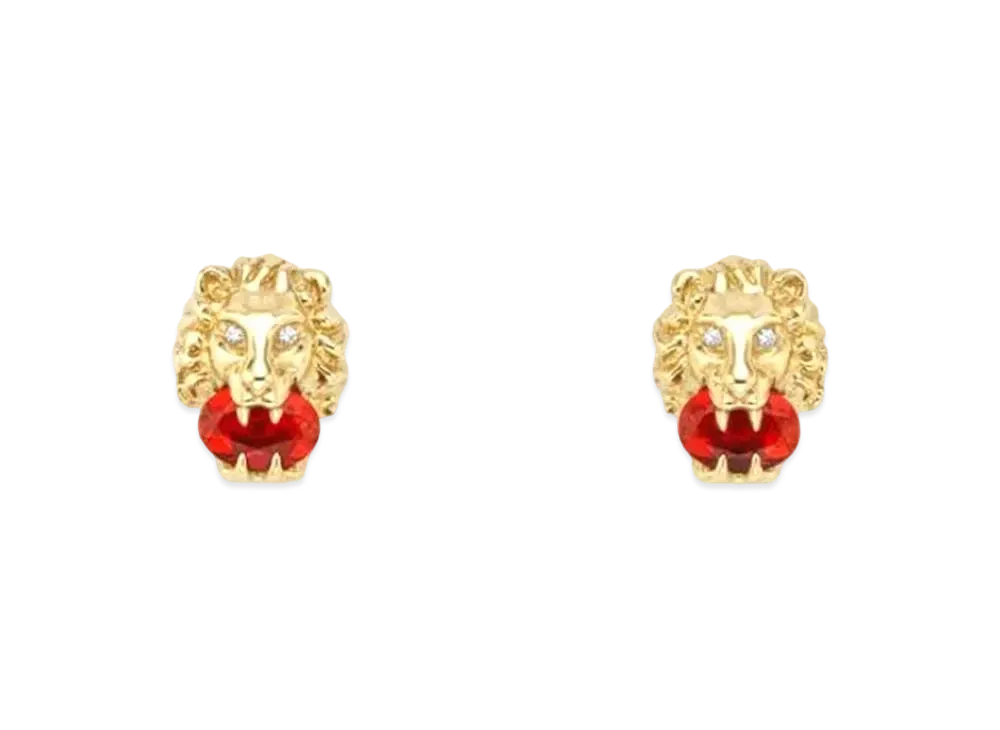 GUCCI Yellow Gold Lion Head Earrings "Red"