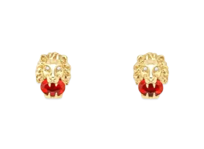 GUCCI Yellow Gold Lion Head Earrings "Red"