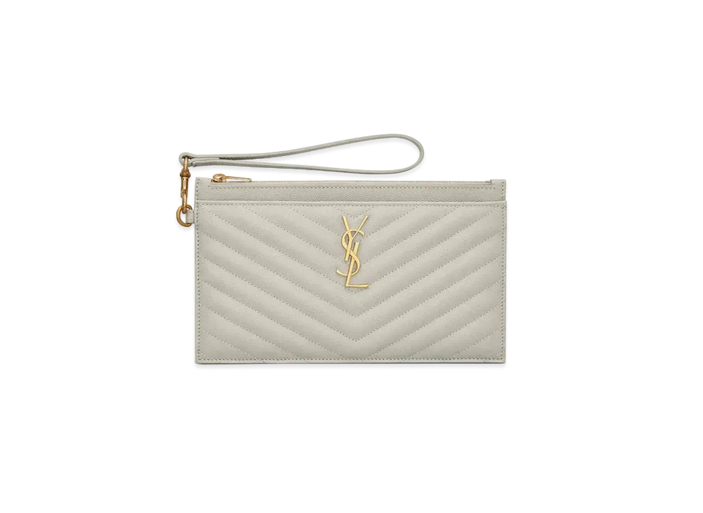 SAINT LAURENT Monogram Large Bill Pouch In Grain De Poudre Embossed Leather "Vintage White"