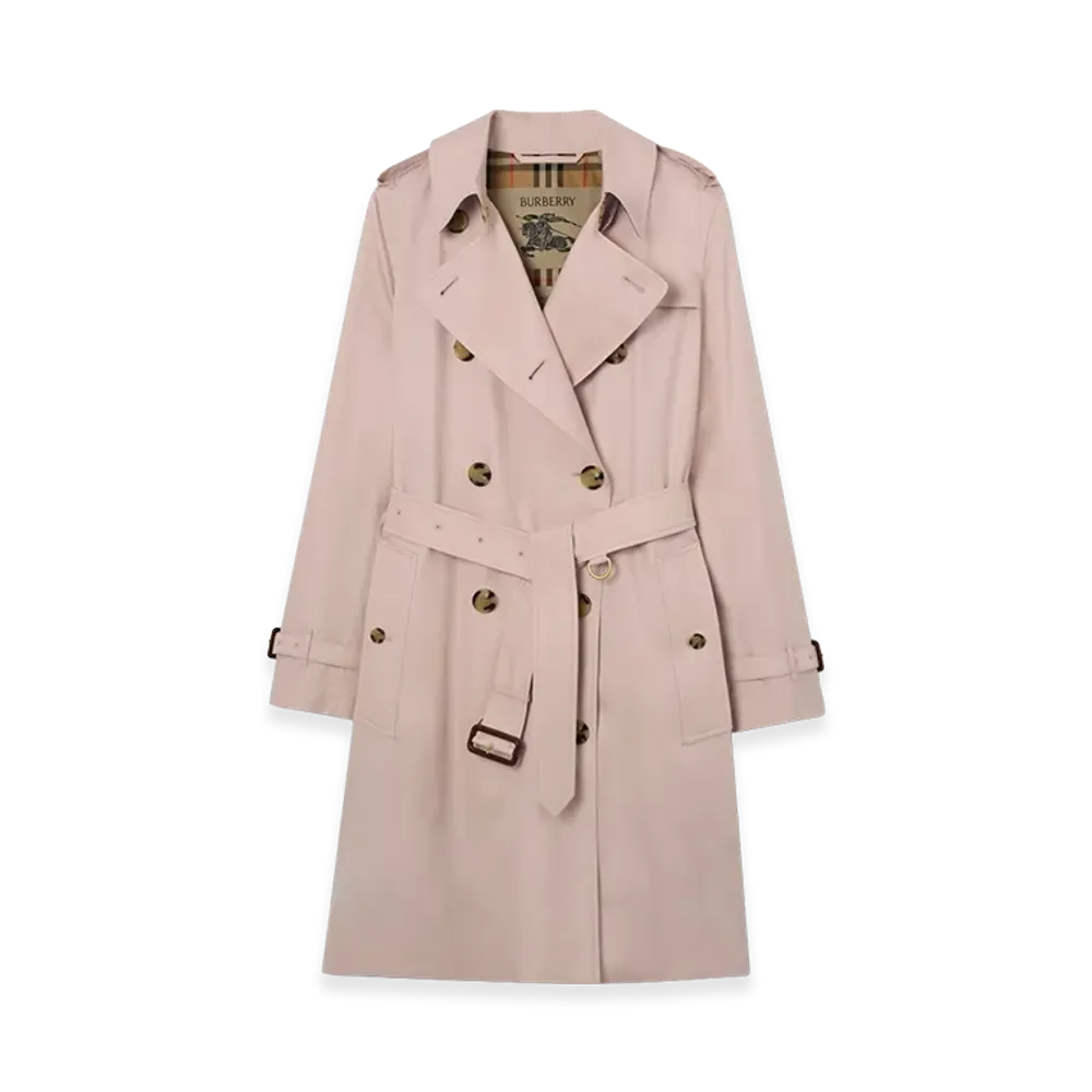 Burberry Women's Mid-length Tropical Gabardine Kensington Trench Coat "Pale Sugar Pink"