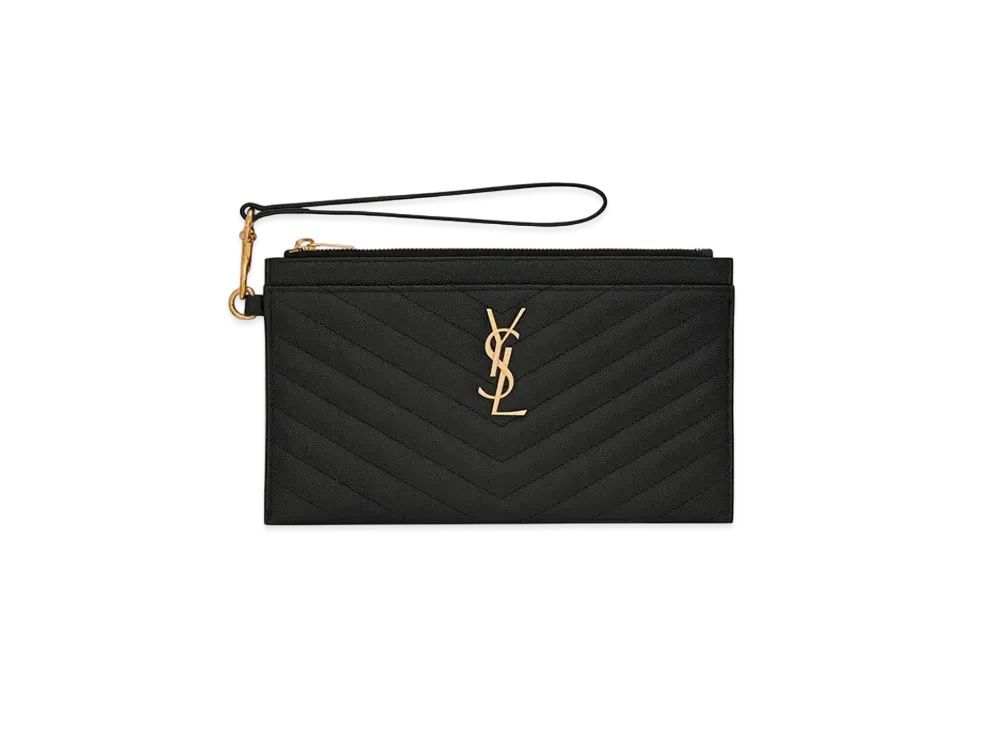 SAINT LAURENT Monogram Large Bill Pouch In Grain De Poudre Embossed Leather "Black"