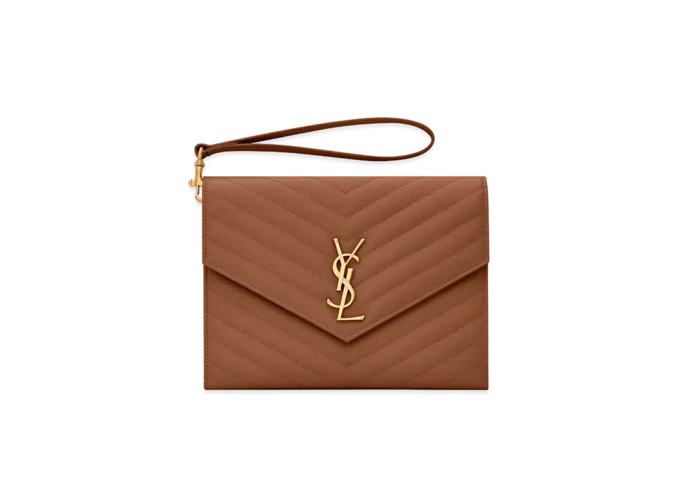 SAINT LAURENT Monogram Clutch In Quilted Grain De Poudre Embossed Leather "Dark Natural"