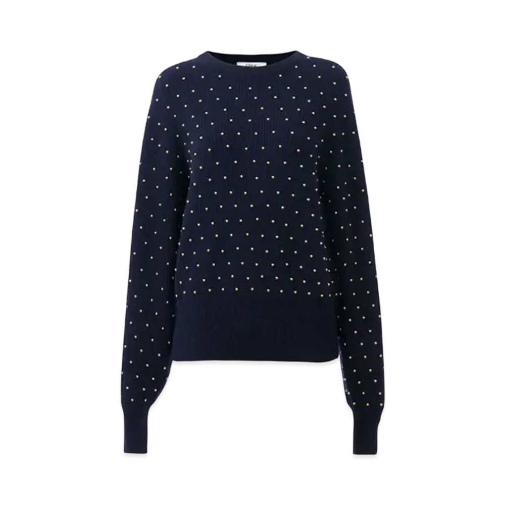 Chloe Studded Crew-Neck Sweater In Wool and Cashmere Knit "Classic Navy"