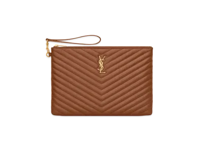SAINT LAURENT Monogram Tablet Pouch In Quilted Leather "Dark Natural"