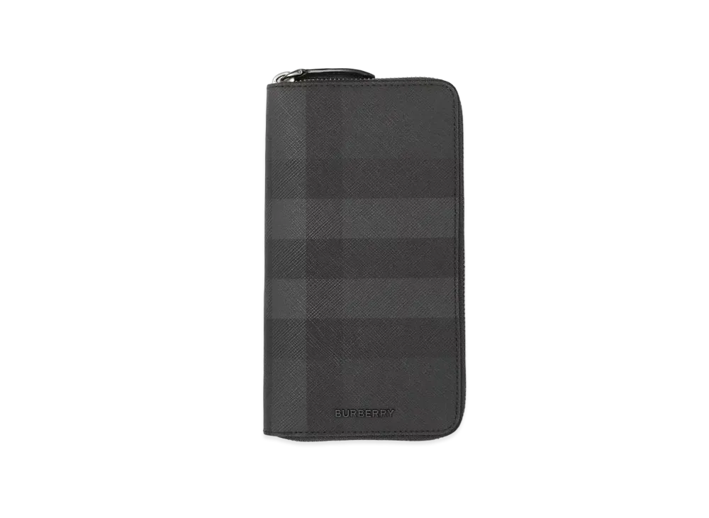 Burberry Check & Leather Round Zip Wallet "Charcoal"