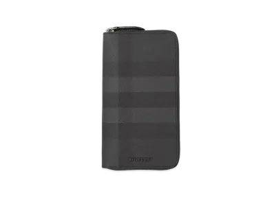 Burberry Check & Leather Round Zip Wallet "Charcoal"