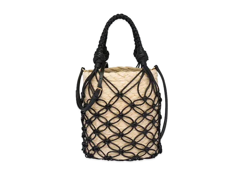 MIU MIU Leather Mesh x Straw Bucket Bag "Beige/Black"