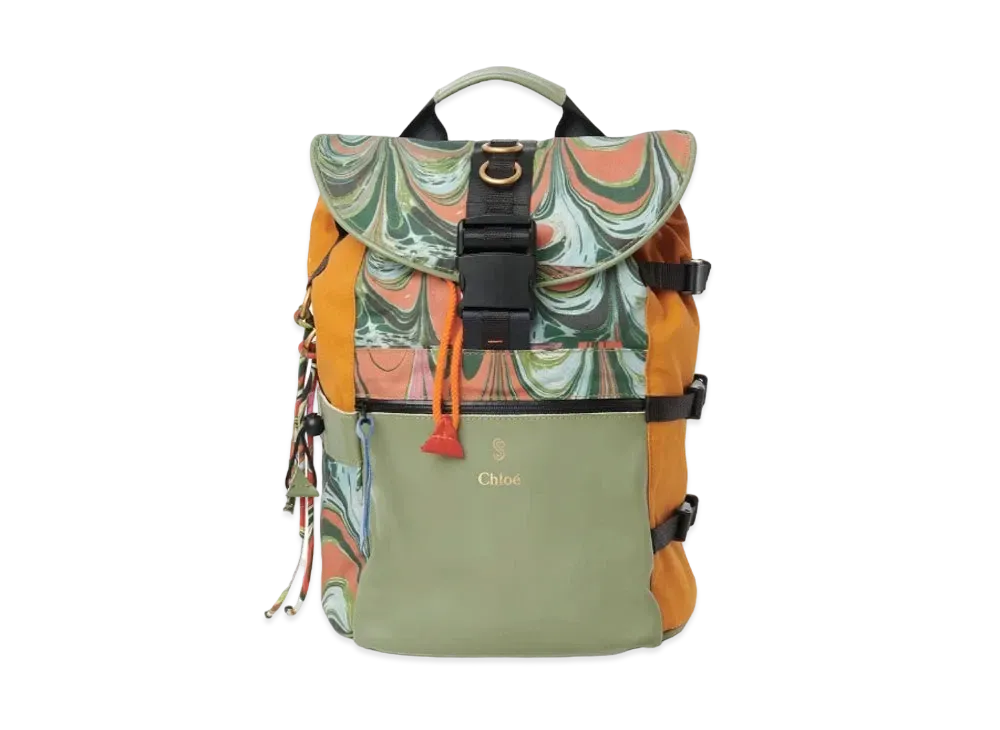 Chloe Sheltersuit & Chloe Backpack In Upcycled Printed Canvas & Calfskin Leather "Green"
