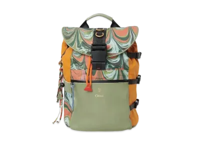 Chloe Sheltersuit & Chloe Backpack In Upcycled Printed Canvas & Calfskin Leather "Green"