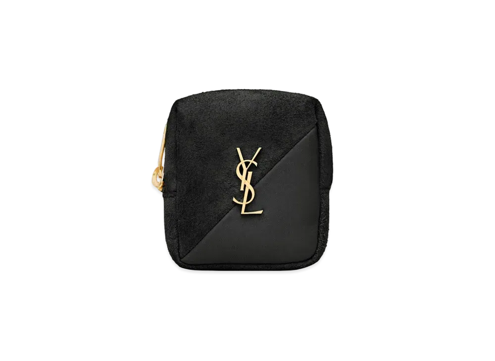 SAINT LAURENT Jamie Cube Charm In Suede And Shiny Crocodile Embossed Leather "Black"