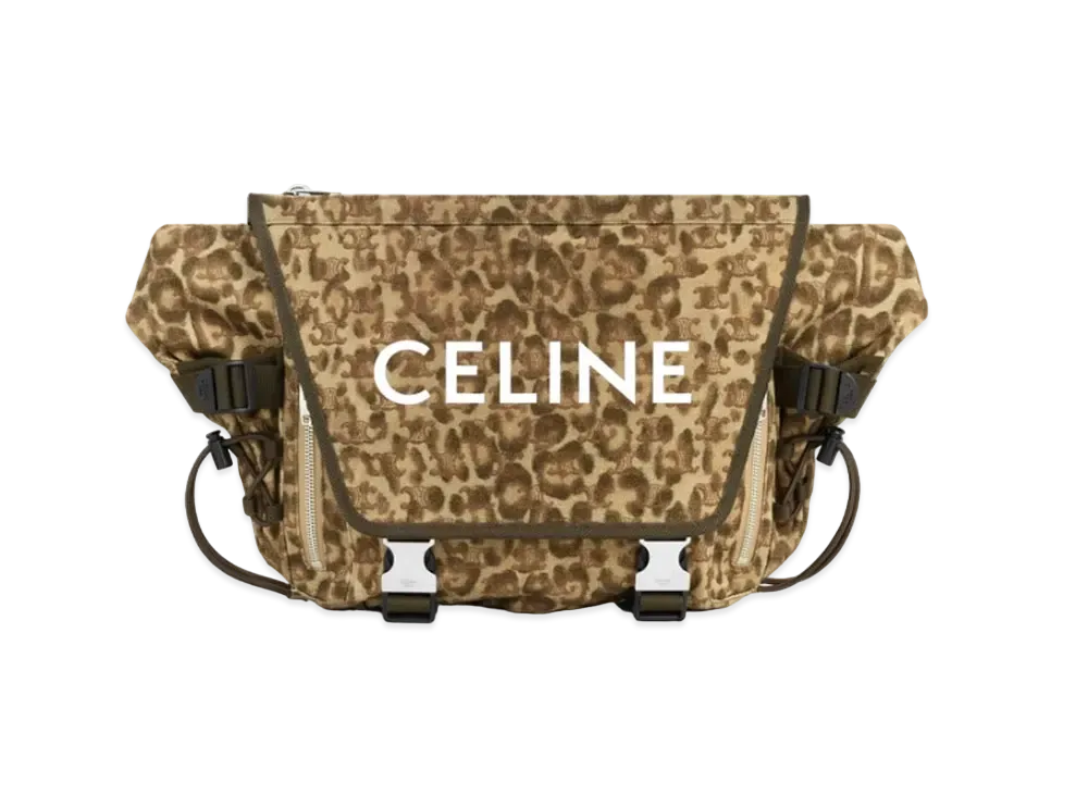 CELINE Medium Trekking Messenger In Leopard Print and Triomphe Textile with Print "Leopard/Khaki"