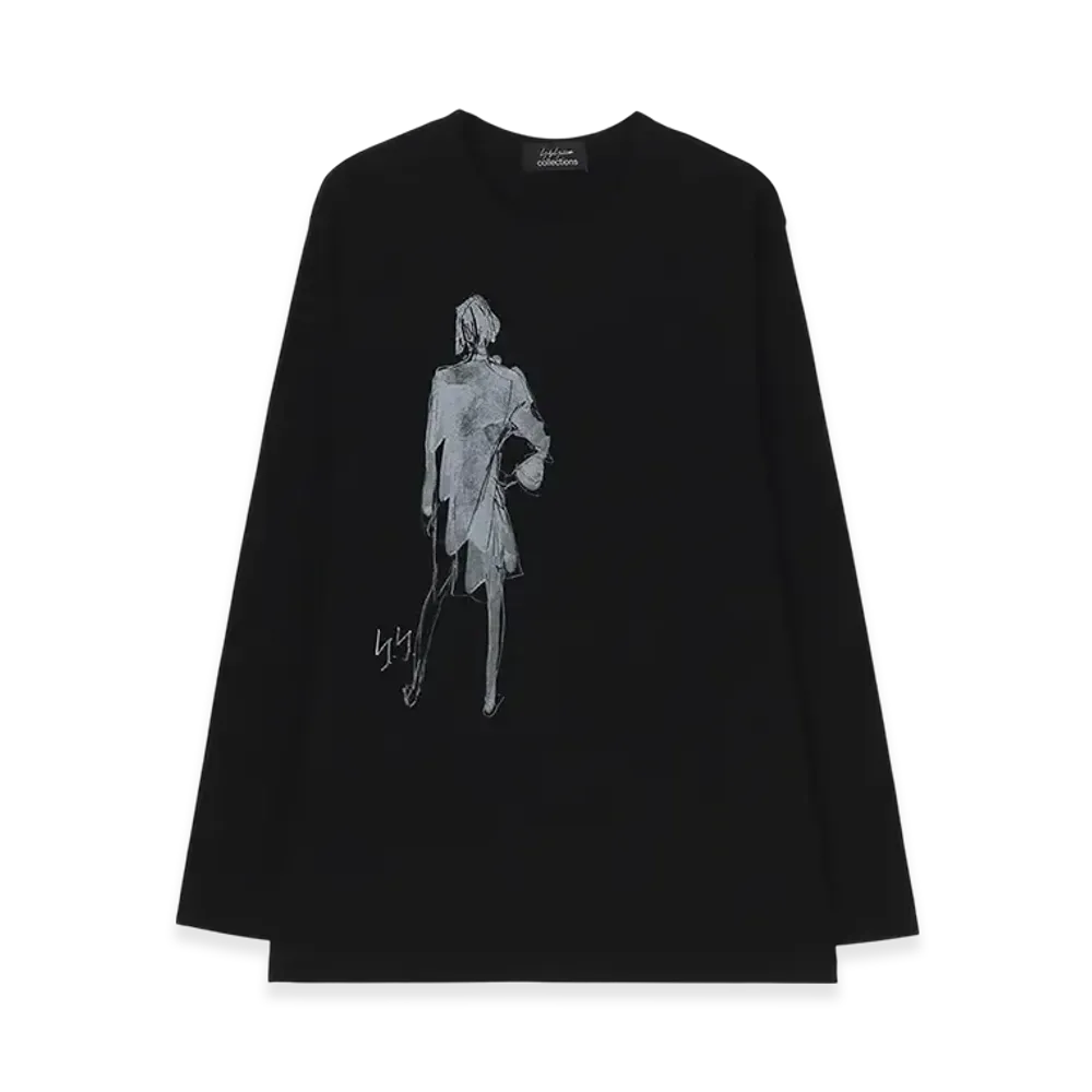 Yohji Yamamoto Combed Jersey Pigmented PT Long Slv Round Neck Print T "Black"