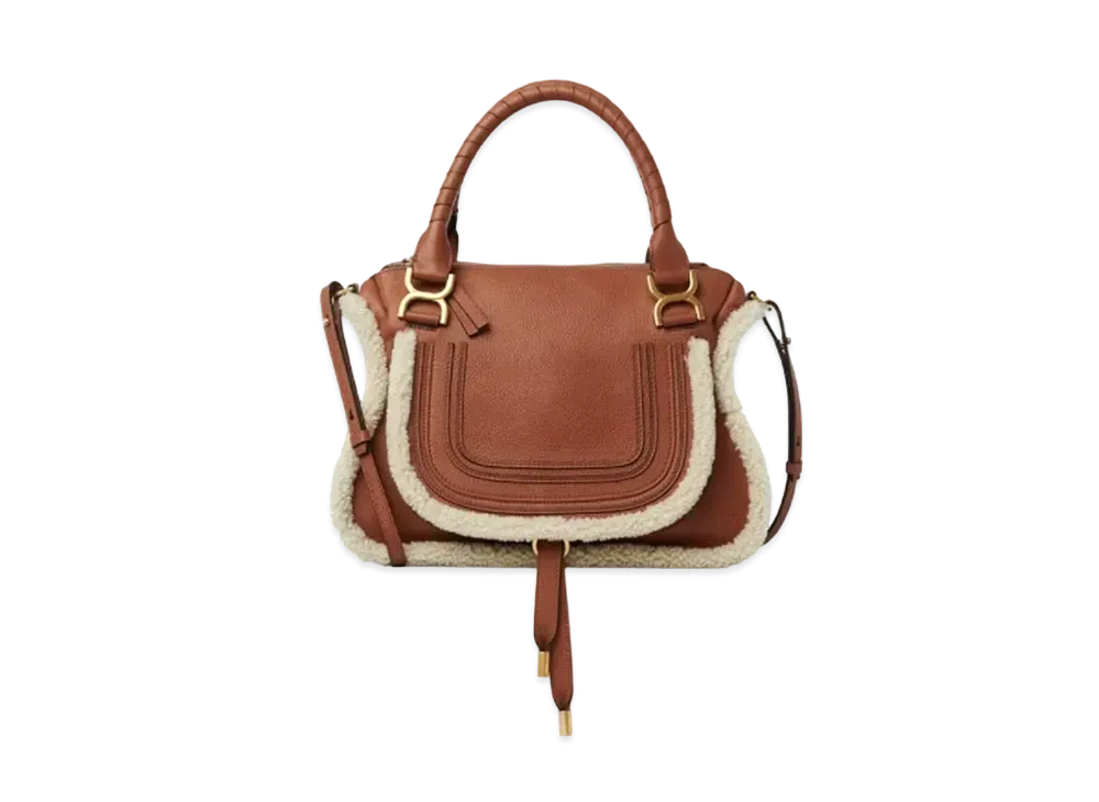 Chloe Marcie Leather Handbag In Grained Calfskin & Shearling "Tan"