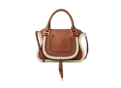 Chloe Marcie Leather Handbag In Grained Calfskin & Shearling "Tan"