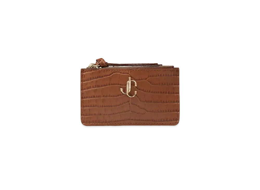 Jimmy Choo Nancy Croco Embossed Leather Key Case With JC Logo "Light Gold/Dark Tan"