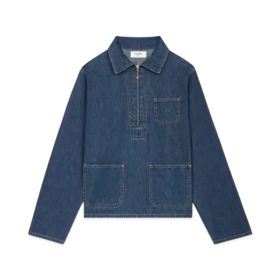 CELINE Women's Quater Zip Shirt in Denim "Dark Ocean Wash"