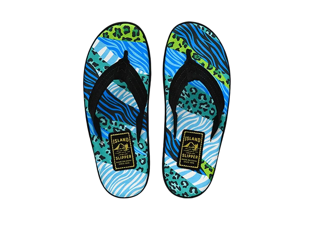 ISLAND SLIPPER Women's Animal Print + Suede "SPF Blue Animal Stripes/Black" 19PBLF203