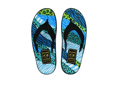 ISLAND SLIPPER Women's Animal Print + Suede "SPF Blue Animal Stripes/Black" 19PBLF203