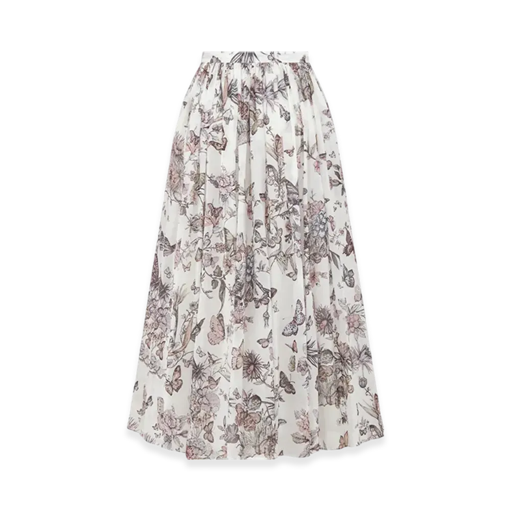 Dior Women's Flared Mid-Length Skirt Voile Toile Mexico Motif "White/Pastel Pink"