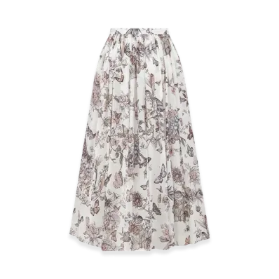Dior Women's Flared Mid-Length Skirt Voile Toile Mexico Motif "White/Pastel Pink"