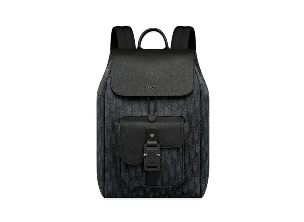 Dior Saddle Backpack with Flap Dior Oblique Jacquard and Grained Calfskin "Black"