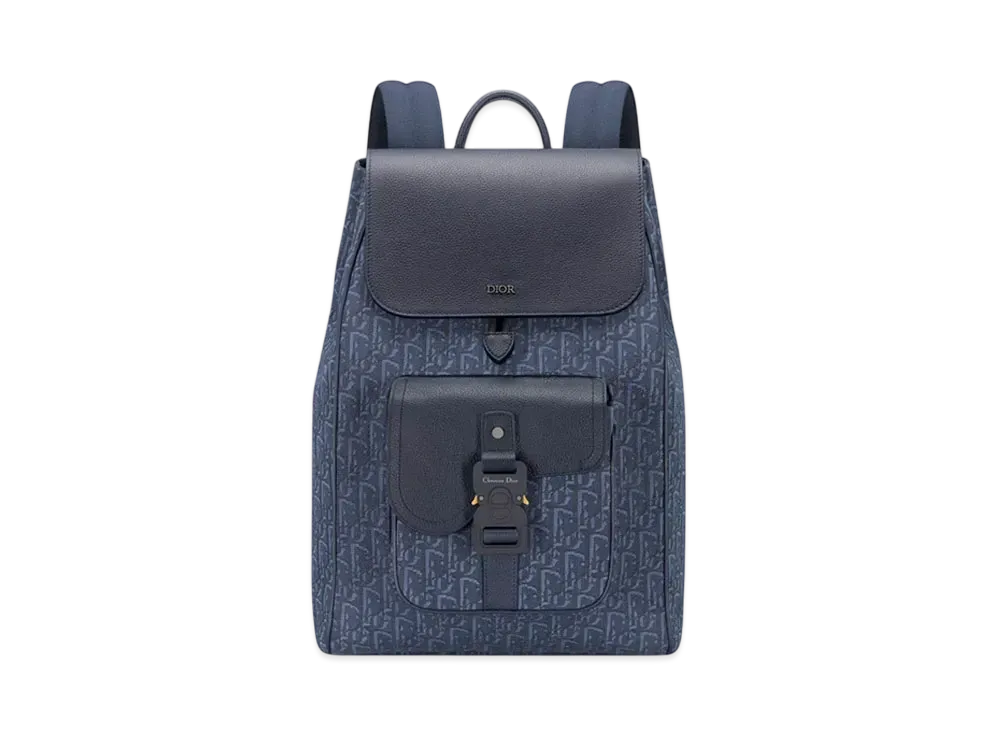 Dior Saddle Backpack with Flap Dior Oblique Jacquard and Grained Calfskin "Navy Blue"