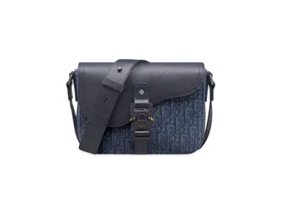 Dior Small Saddle Messenger Bag with Flap Dior Oblique Jacquard and Grained Calfskin "Navy Blue"