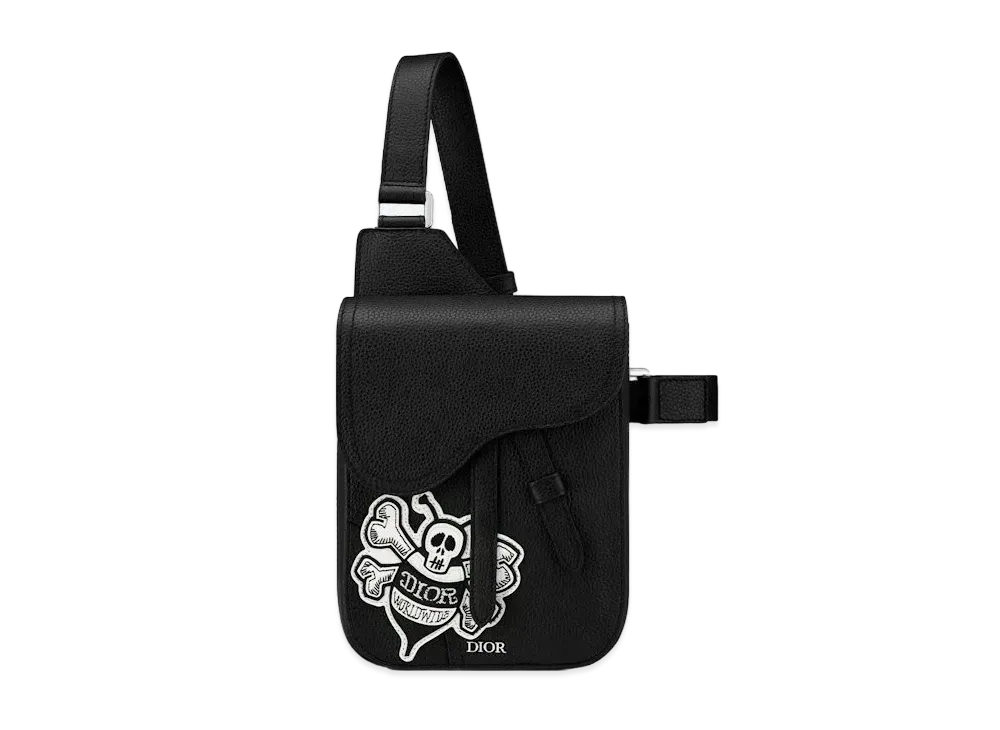 Dior x Shawn Saddle Pouch Bee Embroidery Patch Grained Calfskin "Black"