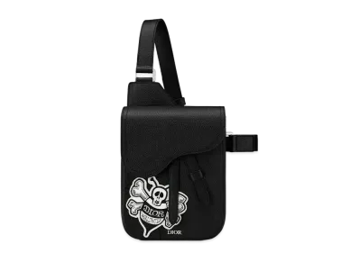 Dior x Shawn Saddle Pouch Bee Embroidery Patch Grained Calfskin "Black"