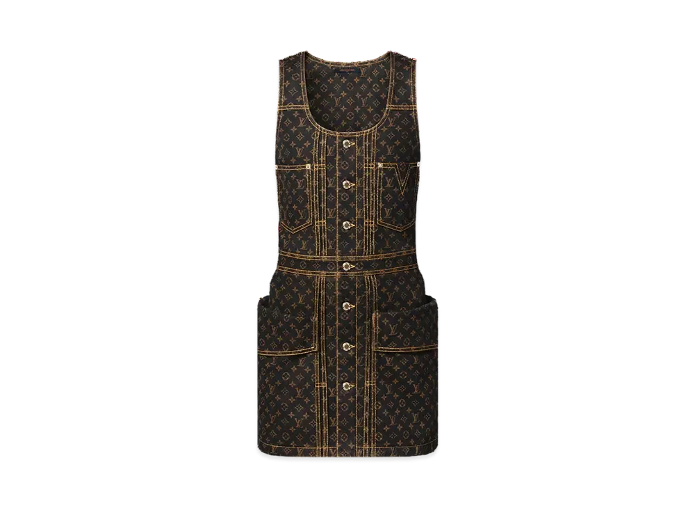 Louis Vuitton Women's Monogram Denim Button Front Dress "Marron"